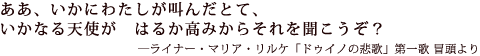 ああ、いかにわたしが叫んだとて、いかなる天使が はるか高みからそれを聞こうぞ?
―ライナー・マリア・リルケ「ドゥイノの悲歌」第一歌 冒頭より