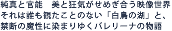 純真と官能 美と狂気がせめぎ合う映像世界
それは誰も観たことのない「白鳥の湖」と、
禁断の魔性に染まりゆくバレリーナの物語