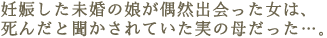 妊娠した未婚の娘が偶然出会った女は、
死んだと聞かされていた実の母だった…。