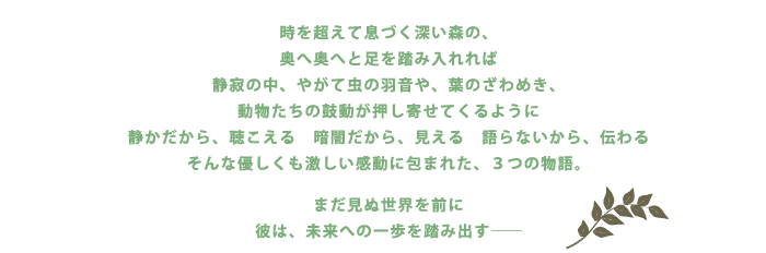 時を超えて息衝く深い森の、奥へ奥へと足を踏み入れれば
静寂の中、やがて虫の羽音や、葉のざわめき、動物たちの鼓動が押し寄せてくるように
静かだから、聴こえる 暗闇だから、見える 語らないから、伝わる
そんな優しくも激しい感動に包まれた、3つの物語。
まだ見ぬ世界を前に
彼は、未来への一歩を踏み出す――
