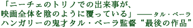 「ニーチェのトリノでの出来事が、
映画全体を陰のように覆っている」
―――タル・ベーラ
ハンガリーの鬼才タル・ベーラ監督“最後の作品”