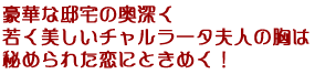 豪華な邸宅の奥深く
若く美しいチャルラータ夫人の胸は
秘められた恋にときめく!