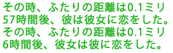 その時、ふたりの距離は0.1ミリ
57時間後、彼は彼女に恋をした。
その時、ふたりの距離は0.1ミリ
6時間後、彼女は彼に恋をした。