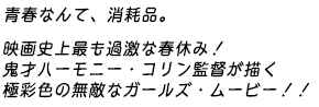 青春なんて、消耗品。
映画史上最も過激な春休み!
鬼才ハーモニー・コリン監督が描く
極彩色の無敵なガールズ・ムービー!!